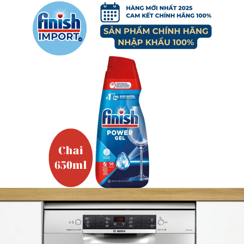 Chai 650ml Gel rửa chén Finish All in 1 Max, hương nguyên bản, 10 tính năng, dễ sử dụng, dành cho máy rửa chén 8-15 bộ